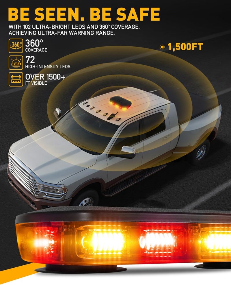HLauto 700A Rooftop Emergency Strobe Lights Bar, 72 LED Amber Red Mini Beacon Safety Flashing Warning Traffic Lights Bar w/Magnetic Base for 12-24V Trucks, Construction Vehicles, Snowplow, Cars - Image 4